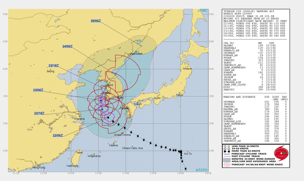 미국 합동태풍경보센터(JTWC)가 22일 오후 6시 현재 예측한 태풍 솔릭의 예상 이동경로.