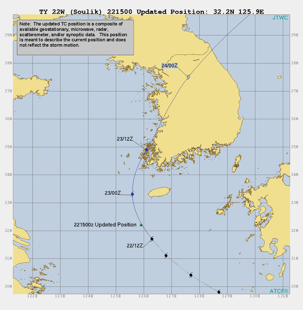 미국 합동태풍경보센터(JTWC)가 23일 0시 현재 예측한 태풍 솔릭의 예상 이동경로.