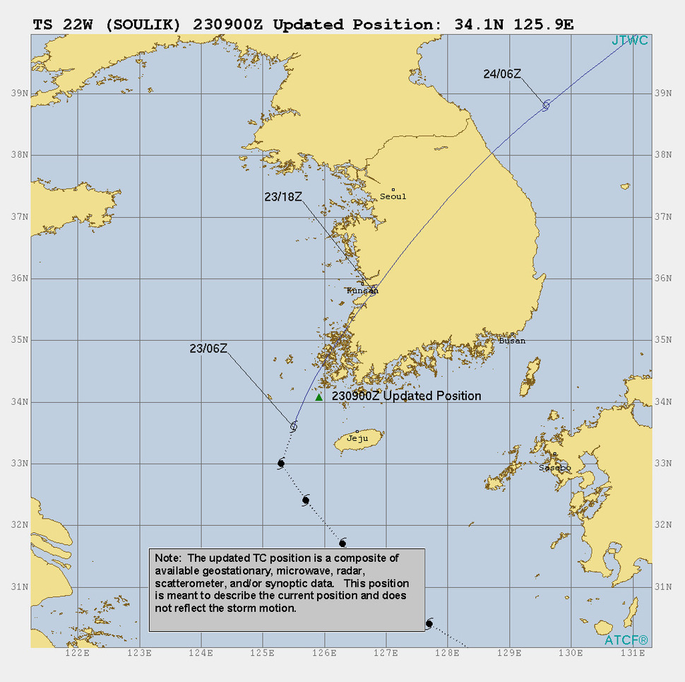 미국 합동태풍경보센터(JTWC)가 23일 오후 6시 현재 예측한 솔릭의 예상 이동경로.