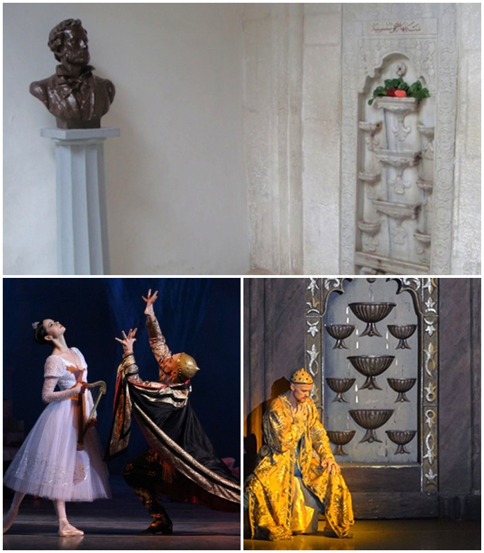 푸쉬킨의 시와 발레 의 소재가 된 칸의 궁전 눈물의 벽과 푸쉬킨 흉상, 아래는 발레 공연 모습.(유튜브, 게티이미지).