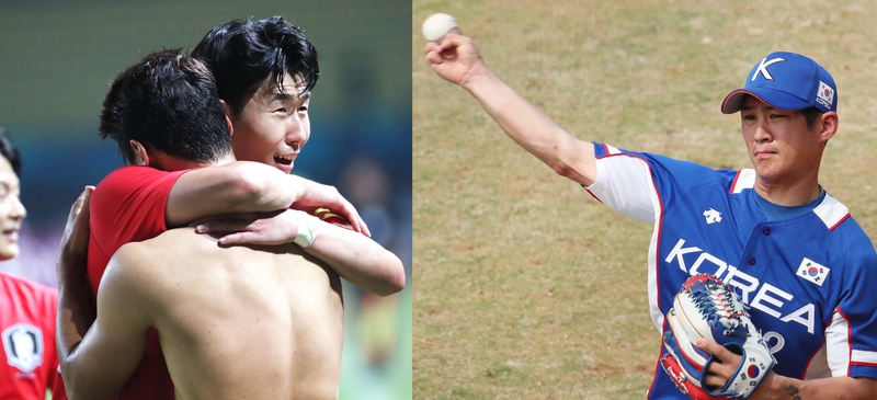 한국 축구대표팀 손흥민이 27일 오후(현지시각) 인도네시아 자와바랏주 브카시 패트리어트 스타디움에서 열린 아시안게임 남자 축구 8강전 우즈베키스탄과의 경기에서 결승골을 넣은 황희찬과 기쁨을 나누고 있다(왼쪽). 야구대표팀 오지환이 28일 낮(현지시각) 자카르타 글로라 붕카르노(GBK) 야구장에서 열린 한국과 홍콩의 경기에서 몸을 풀고 있다. 자와바랏주·자카르타/백소아 기자 thanks@hani.co.kr