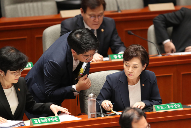 김현미 국토교통부 장관이 임대주택에 대한 세금감면 혜택을 줄이겠다는 뜻을 밝혔다. 지난달 27일 국회 예산결산특별위원회에서 자료를 검토하고 있는 김현미 장관. <한겨레> 자료 사진