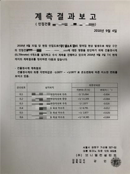 4일 발표된 서울 금천구 가산동 지반 붕괴 사고 인근 아파트 계측결과 보고서. 금천구청 제공