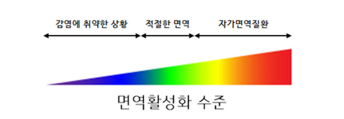 면역 활성화 수준이 너무 낮으면 외부 침입에 의한 감염에 취약해지고, 너무 높으면 지나치게 활성화된 면역이 자신의 세포를 공격하는 자가면역질환을 일으킬 가능성이 높아진다. 출처: 위키미디어 코먼스