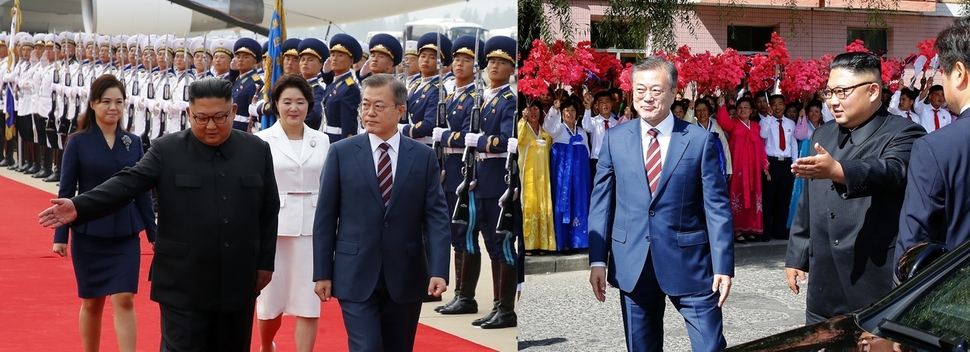 김정은 국무위원장이 18일 오전 평양순안공항에서 열린 공식환영행사(왼쪽사진)와 카 퍼레이드 직전 문재인 대통령을 안내하고 있다. 평양사진공동취재단