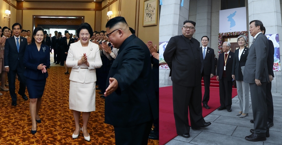 김정은 국무위원장이 백화원 영빈관에서 김정숙 여사를 안내하는 모습(왼쪽)과, 평양대극장 앞에서 문재인 대통령 부부를 기다리는 모습. 평양사진공동취재단