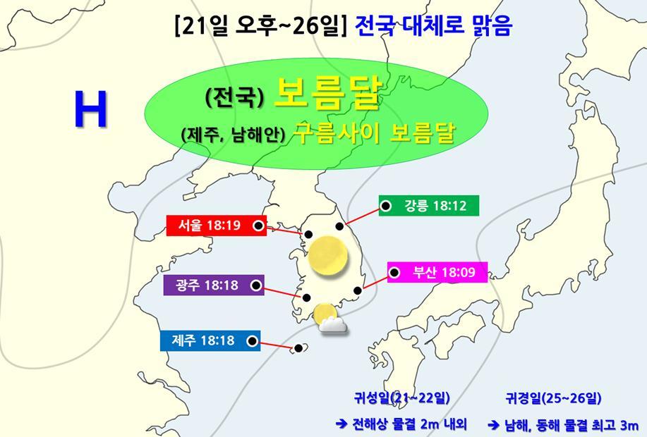 추선 연휴 예상 기상과 24일 지역별 달 뜨는 시간 모식도. 기상청 제공