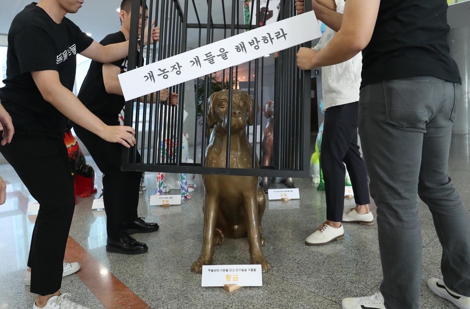 27일 오전 국회 의원회관에서 '개 식용 종식 트로이카 법안' 통과를 요구하는 전시회가 열려, 동물해방물결 회원들이 철창에서 황금개를 해방시키는 행위극을 하고 있다. 박종식 기자 anaki@hani.co.kr