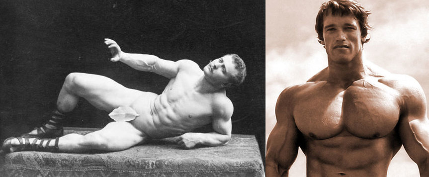 현대 육체미 창시자 오이겐 산도(왼쪽)의 자연스러운 근육도 아놀드 슈워제너거의의 스테로이드 근육에 비할 바가 되지 않는다. 위키미디어 코먼스 제공