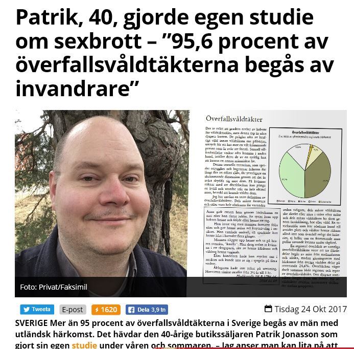 스웨덴 발생 성폭력 92% 이슬람 난민에 의한 것이란 뉴스는 관련 내용을 검증하거나 연구할 전문성이 없는 파트리크 요나슨(트럭 운송업)의 주장을 일방적으로 기사화 한 것을 각색해 만들어낸 가짜뉴스다.