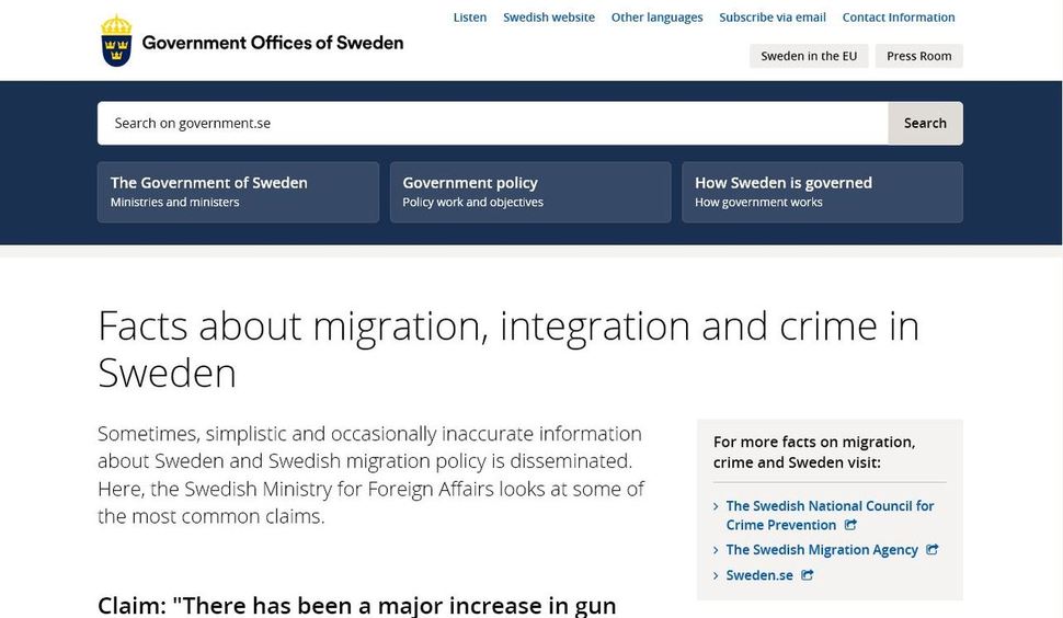 스웨덴 정부는 난민을 둘러싼 가짜뉴스가 확산되자, 2017년 2월 무슬림 이민자와 중대 범죄 사이에 연관성이 없다는 내용을 공식적으로 발표했다. 스웨덴 정부 홈페이지 갈무리.