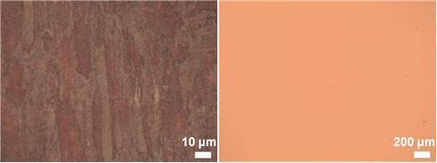 기초과학연구원(IBS) 연구팀이 값싼 다결정 금속 포일(왼쪽)을 무접촉 열처리 기술로 고가의 단결정 구리 포일(오른쪽)로 전환하는 기술을 개발했다. 다결정 금속 포일은 고르지 못한 표면인 데 비해 단결정 금속 포일은 크게 확대해도 하나의 결정으로 고른 것을 알 수 있다. IBS 제공