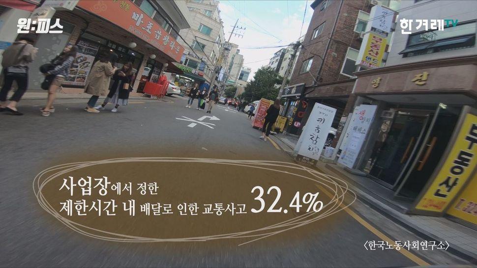 배달 라이더의 주행 중 시선. <한겨레TV> ‘원:피스’ 화면 갈무리. 조성욱 피디