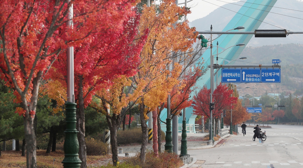 22일 낮 개성 남북공동연락사무소 삼봉거리 주변에 울긋불긋 단풍이 물들어있다. 개성/백소아 기자 thanks@hani.co.kr