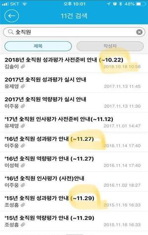 2015∼2018년 포스코 전직우너 성과평가 공지 시기. 금속노조 포스코지회 제공