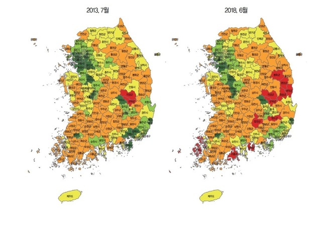 228개 시군구별 지방 소멸 위험 현황. 2013년 75곳이었던 소멸위험 지역은 5년 사이 89곳으로 불었다. 한국고용정보원