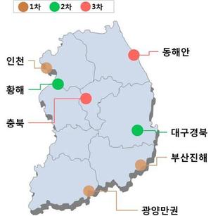 올해 6월 기준 경제자유구역 7곳(281㎢) 지정 현황. 2003년 1차로 부산·진해, 광양만권이 지정됐고 2008년 2차로 황해, 대구·경북, 2013년 동해안, 충북이 지정됐다. 2차 때 지정됐던 새만금·군산은 올해 4월 새만금개발청으로 관리가 일원화되며 해제됐다. 산업부 제공 (* 누르면 확대됩니다.)