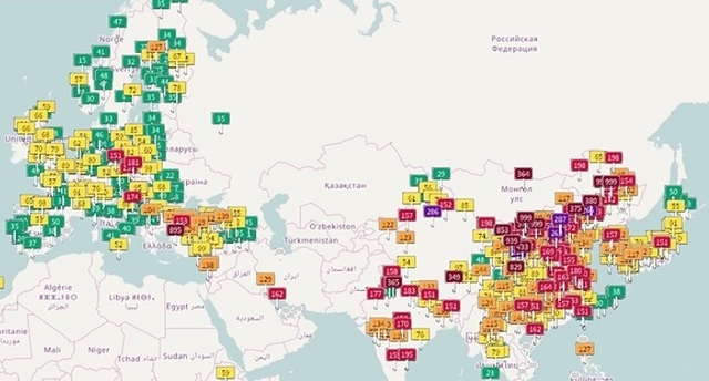 유럽과 중국, 한국, 일본 등의 국가에서 대기오염 정도가 심각한 수준임을 표를 통해 확인할 수 있다. 초록은 대기질이 좋은 상태이고 노랑, 주황, 빨강으로 갈수록 대기오염이 심각함을 나타낸다. 에이큐아이 누리집 갈무리 (* 누르면 크게 볼 수 있습니다.)