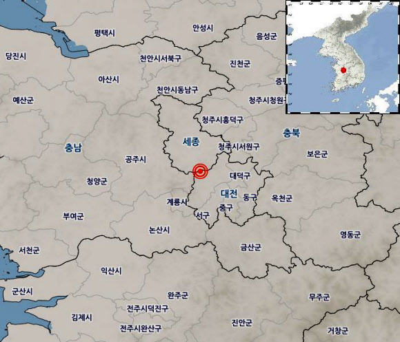 19일 오전 3시 34분께 대전 유성구 북서쪽 8㎞ 지점에서 규모 2.1의 지진이 발생했다고 기상청이 밝혔다. 진원은 북위 36.42도, 동경 127.30도, 지하 20㎞로 관측됐다. 기상청 제공