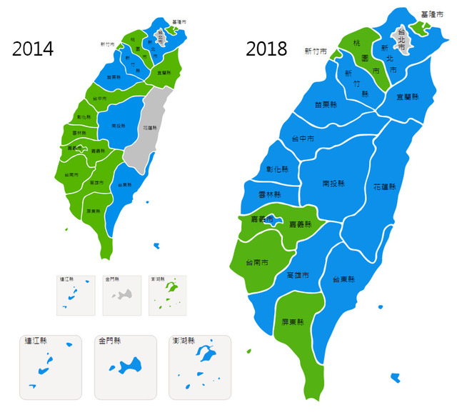 24일 대만 지방선거 결과 22개 직할시장 및 현장 가운데 민진당 소속은 13명에서 6명으로 쪼그라든 반면, 국민당 소속은 6명에서 15명으로 늘었다. 자유시보 누리집 갈무리(일부 편집)