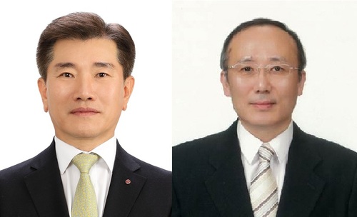 28일 엘지화학 이사회에서 사장으로 승진한 김종현 전지사업본부장 부사장(왼쪽)과 부사장으로 승진한 한장선 기초소재연구소장. 엘지화학 제공