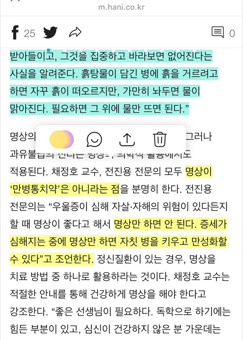 웹 콘텐츠에 형광펜으로 줄을 긋는 효과를 줄 수 있는 앱 ’라이너’. 라이너 화면 갈무리