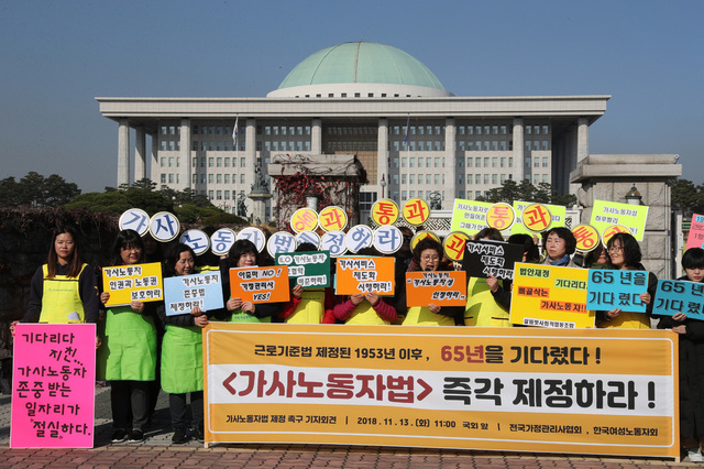 전국가정관리사협회와 한국여성노동자회가 지난 11월13일 국회 앞에서 기자회견을 열어 “가사노동자의 노동자성을 인정하는 가사노동자법을 제정하라”고 촉구했다. 가사노동자는 근로기준법상 노동자가 아니라 산업재해를 입어도 보호받지 못한다. 강창광 기자 chang@hani.co.kr