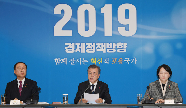 문재인 대통령이 17일 청와대에서 열린 확대경제장관회의에서 발언을 하고 있다. 왼쪽부터 홍남기 경제부총리, 문 대통령, 유은혜 사회부총리. 청와대사진기자단