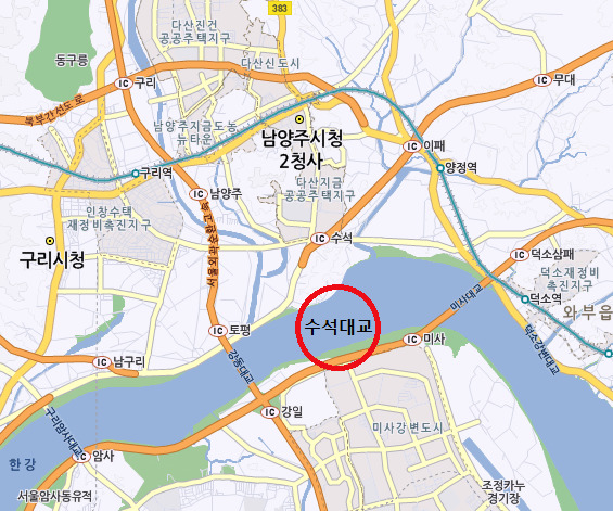 경기도 남양주시 수석동과 하남시 미사동을 잇는 연장 1㎞의 수석대교 예정지. (* 지도를 누르면 크게 볼 수 있습니다.)