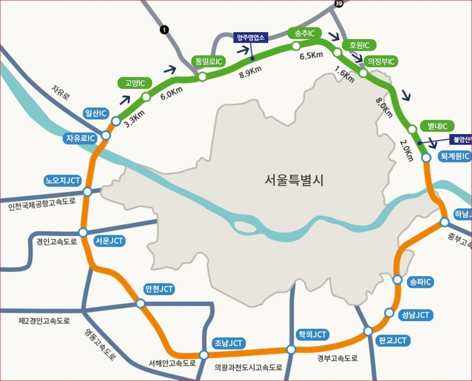 서울외곽순환고속도로 노선도. 서울고속도로주식회사 누리집 갈무리