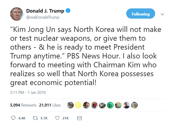 김정은 북한 국무위원장과 만나기를 고대한다고 밝힌 도널드 트럼프 미국 대통령의 1일 트위터 글. 화면 갈무리
