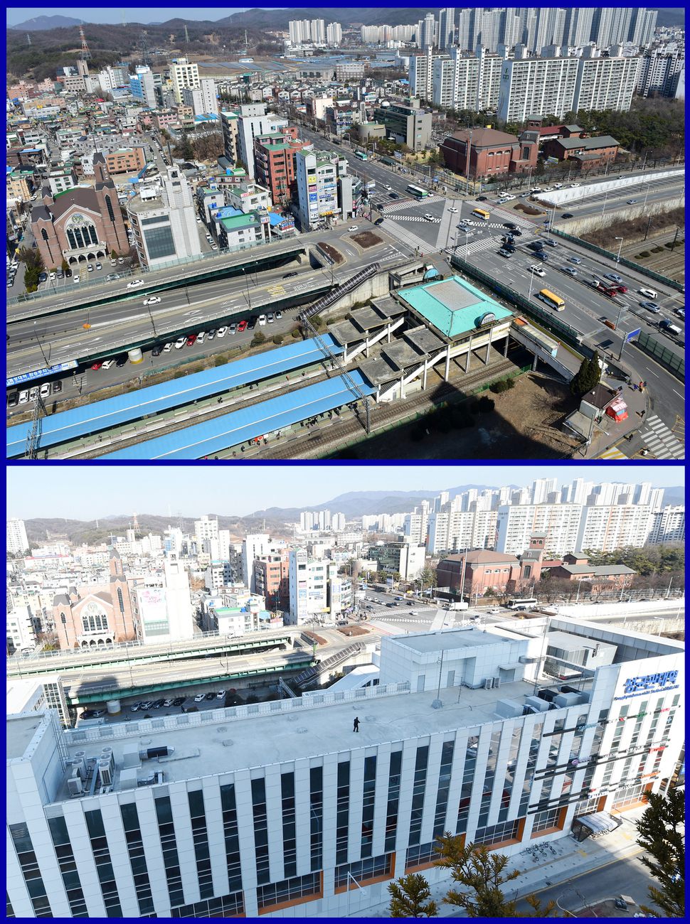 전철 1호선 수원 성균관대 역사의 노후화된 모습(위)과 9일 복합역사로 새롭게 단장된 현재 역사(아래)·수원시 제공
