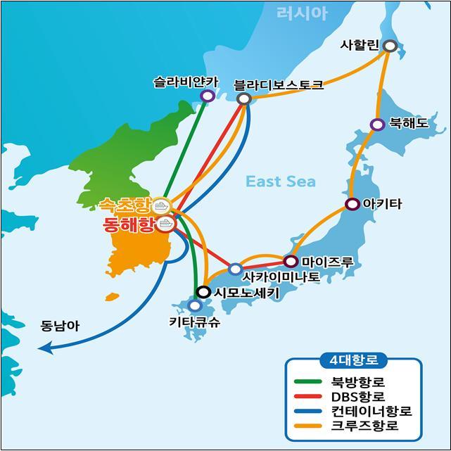 강원도가 속초항을 출발해 러시아와 중국을 거쳐 백두산을 오가는 ‘백두산항로’를 5년 만에 다시 개설하기로 했다. 사진은 백두산항로(일명 북방항로) 등 동해안 주요 노선도. 강원도청 제공