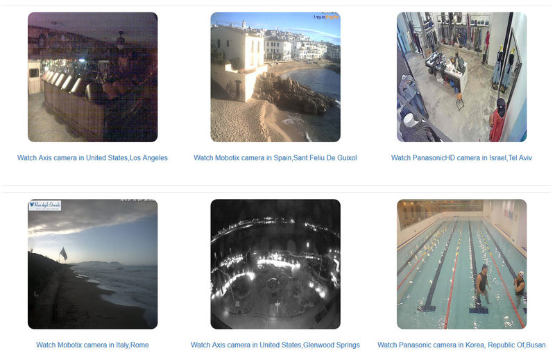 외부에 노출돼 해외 인터넷 사이트에 중계되고 있는 세계 각지 아이피 카메라들의 실시간 영상들. 아랫줄 오른쪽 사진에서 보이듯 한국의 어느 수영장에 설치된 카메라의 영상도 이곳에서 중계되고 있다. 사이트 갈무리