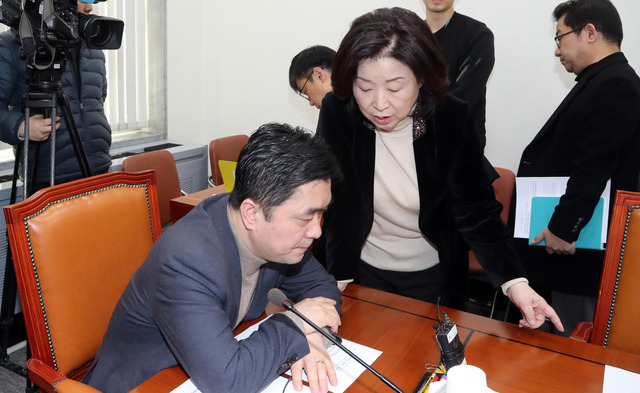 22일 오전 국회에서 열린 정치개혁특별위원회 정치개혁 제1소위에서 더불어민주당 소속 김종민 소위원장(왼쪽)과 정의당 심상정 의원이 이야기를 하고 있다. 김경호 선임기자 jijae@hani.co.kr