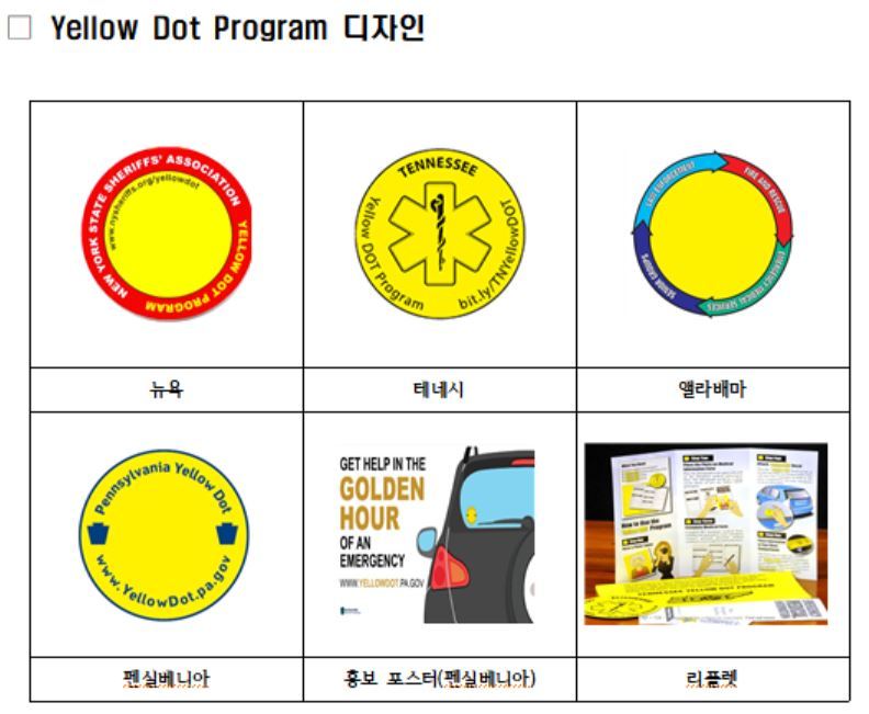 강원도가 전국에서 처음으로 노인 운전자의 신속한 응급조치를 돕는 ‘생명사랑 스티커’를 제작하기로 했다. 사진은 미국에서 시행 중인 옐로 닷 프로그램 디자인. 강원도청 제공