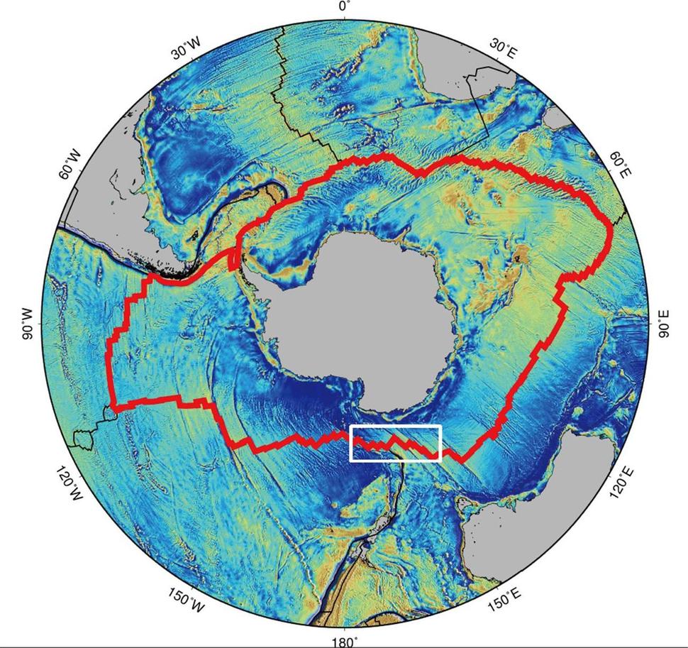 남극 대륙을 둘러싸고 있는 환남극 중앙해령(붉은 선)과 아라온호 탐사지역인 호주-남극 중앙해령. 하얀선 네모상자가 아라온호 탐사지역이다. 극지연구소 제공