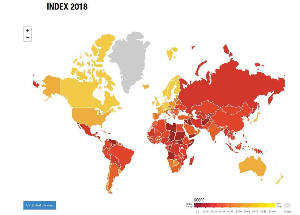 2018년 국가별 부패인식지수(CPI) 현황. 붉을수록 부패인식지수가 낮다. 국제투명성기구 누리집 갈무리.