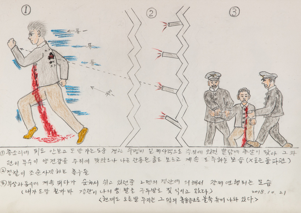 양성보씨가 4·3 당시 기억을 떠올려 그린 그림이다. 양씨는 총소리에 도망가다 총을 맞았고, 나중에 경찰에 연행됐다.