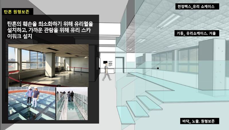 광주 전일빌딩 10층 헬기 사격 탄흔이 발견된 공간엔 증거존이 조성된다. 탄흔 보존을 위해 유리벽을 만들고, 기둥과 바닥 등의 탄흔을 가까이서 볼 수 있도록 ‘유리길’도 조성된다.