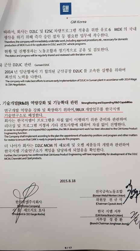 한국지엠과 금속노조 한국지엠 지부가 2015년 8월 18일 서명한 임금·단체 협상 합의문. 노사는 차세대 트랙스 ‘9BUX’의 한국 개발을 이미 4년 전 합의했다. 한국지엠 지부 제공