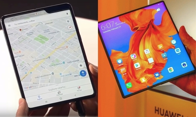 삼성전자 ‘갤럭시 폴드’(왼쪽)와 화웨이 ‘메이트 X’를 편 모습. 양사 제공