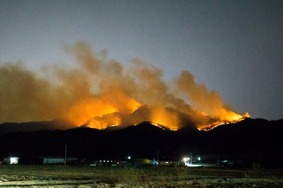 27일 오후 5시 40분께 경북 구미시 고아읍 대망리 왕산골 캠핑장 뒷산에서 불이 나 접성산 정상으로 번지고 있다. 산림당국은 헬기 3대와 소방차 13대를 동원해 산불 진화에 나섰으나 밤이 어두워진 데다 건조한 날씨 탓에 불길을 잡지 못했다. 2019.3.27 연합뉴스