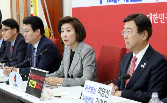 나경원 자유한국당 원내대표가 3일 국회에서 열린 ‘문제인사 관련 긴급 원내대책회의’에서 발언하고 있다. 연합뉴스