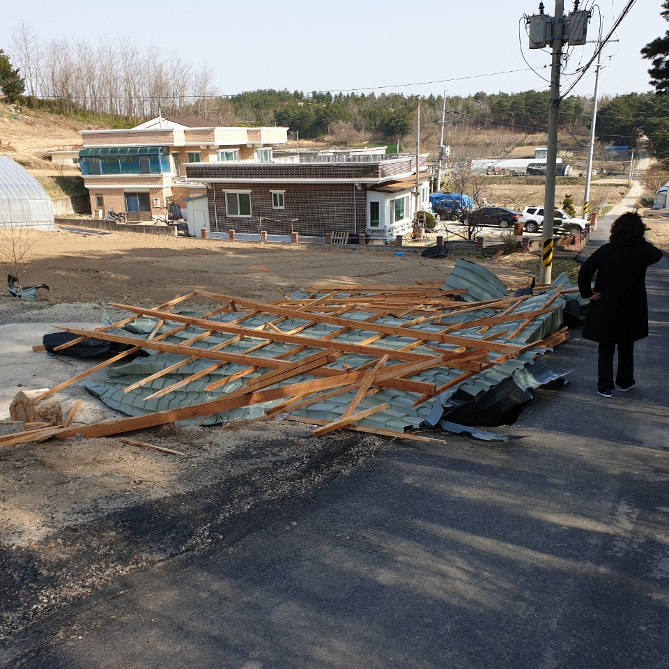 지난 4일 고성·속초 산불 발생 당시 숨진 박석전(70)씨의 사고 현장 모습. 인근 주택에서 날아와 박씨를 덮친 함석지붕과 서까래 등이 어지럽게 널려 있다. 바로 뒤에 박씨의 집이 보인다. 유족 제공