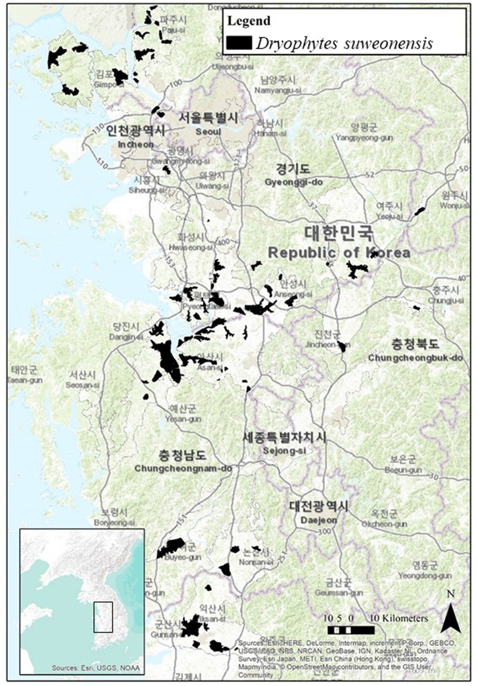 서해안 논에 산재돼 있는 수원청개구리 서식지(검은 부분). 아마엘 볼체 외 (2019) ‘생태학 및 진화 최전선’ 제공.