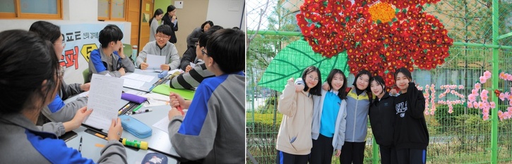 지난 11일 오후 서울 마곡중학교 3학년 5반 교실에서는 국어과 ’세상을 바꾸는 힘’ 토론수업이 한창이었다.(사진 왼쪽) 마곡중학교 학생들이 4월 인권·평화·자유 주간을 맞이해 ’제주 4.3사건을 기억하는 동백꽃’ 조형물을 직접 설치했다.(사진 오른쪽) 김지윤 기자