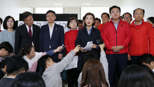 나경원 자유한국당 원내대표가 28일 오후 국회 행안위 회의실 앞에서 긴급기자회견을 열어 발언하고 있다. 김경호 선임기자 jijae@hani.co.kr