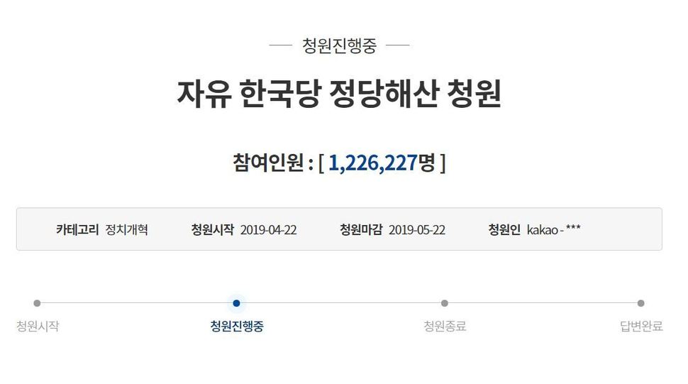 자유한국당을 해산해달라는 청와대 국민청원 참여자가 30일 120만명을 돌파했다. 청와대 국민청원 누리집 갈무리