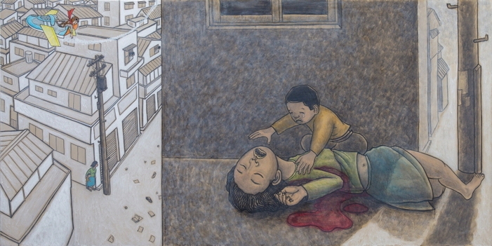 다음달 10일까지 제주4·3평화공원 내 평화기념관에서 열리는 홍성담 작가의 그림책 <운동화 비행기> 원화전. 제주4·3평화재단 제공